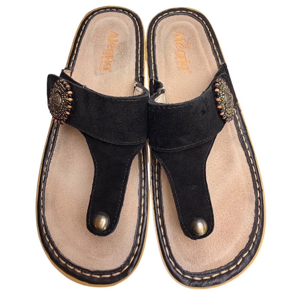 Alegria Carina Folkie Black Suede Platform Thong Sandals Size 40 - Picture 11 of 16